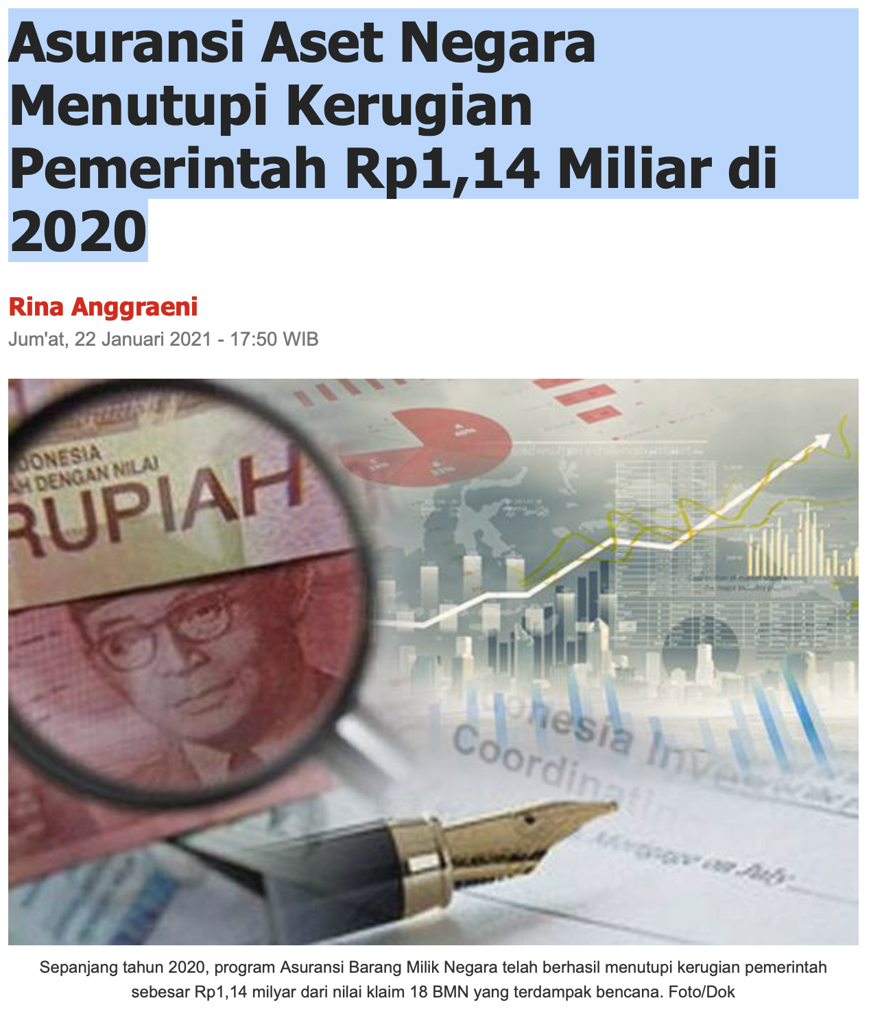 Asuransi Aset Negara Menutupi Kerugian Pemerintah Rp1,14 Miliar di 2020
