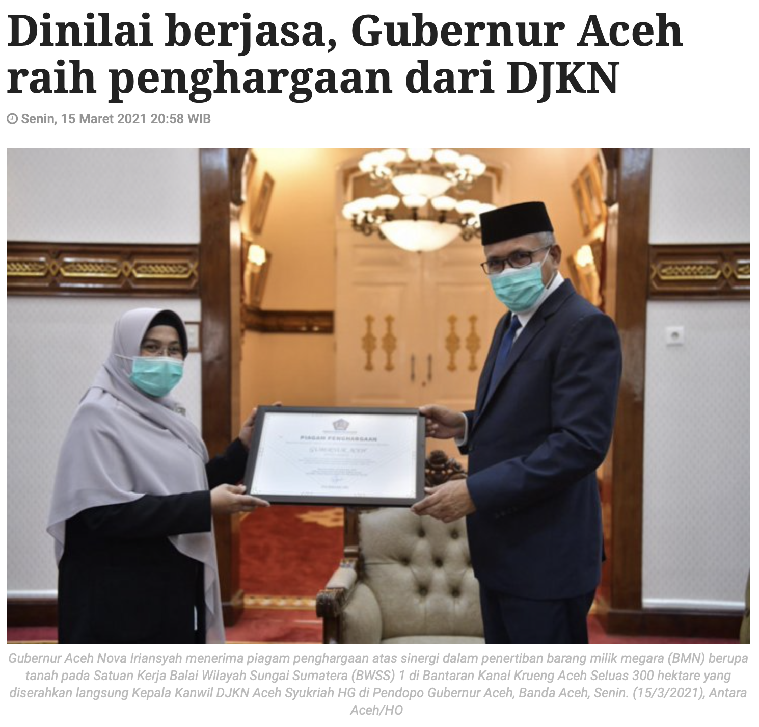 Dinilai berjasa, Gubernur Aceh raih penghargaan dari DJKN