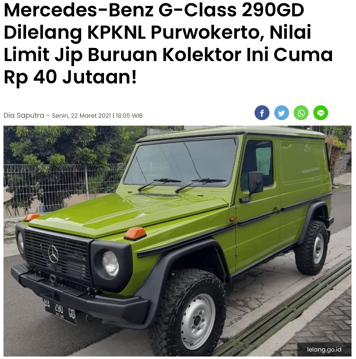 Mercedes Bens G Class 290GD Dilelang KPKNL Purwokerto, Nilai Limit Jip Buruan Kolektor ini hanya 40 Jutaan!