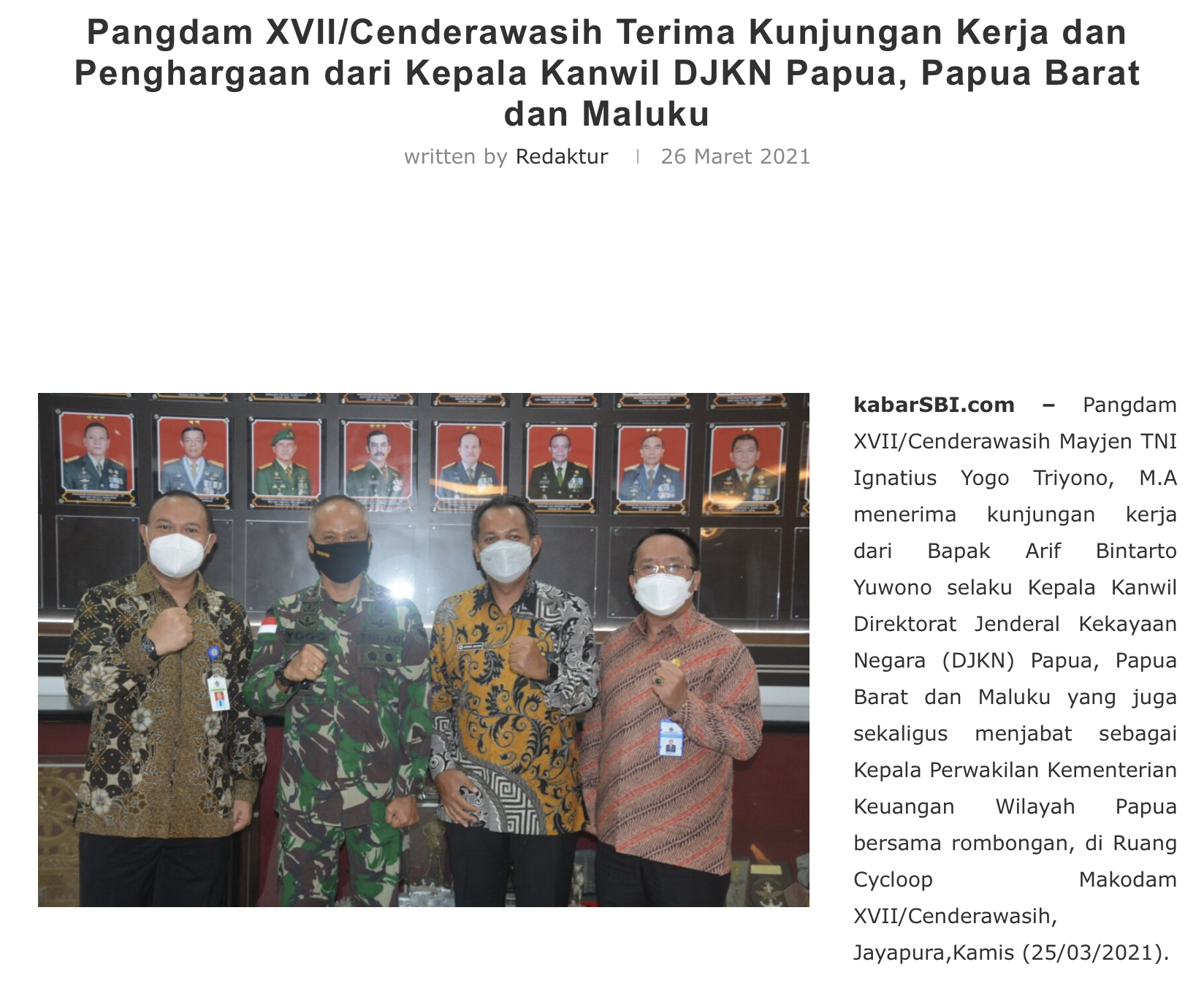 Pangdam XVII/Cenderawasih Terima Kunjungan Kerja dan Penghargaan dari Kepala Kanwil DJKN Papua, Papua Barat dan Maluku