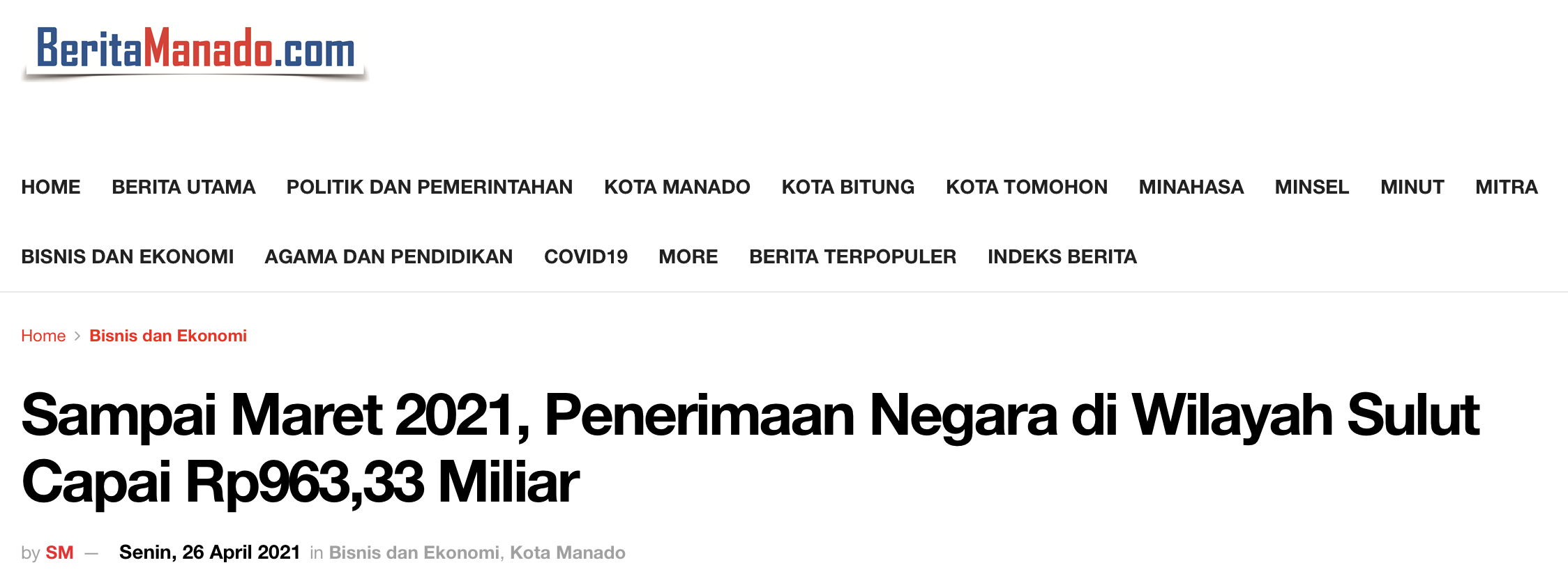 Sampai Maret 2021, Penerimaan Negara di Wilayah Sulut Capai Rp963,33 Miliar