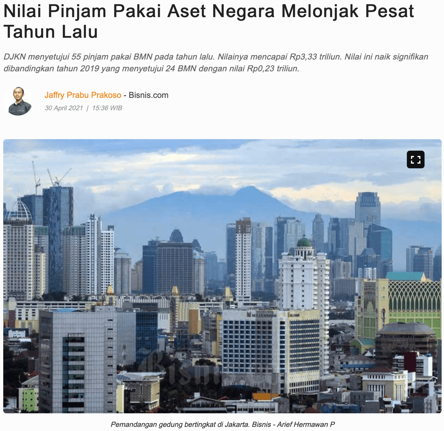 Nilai Pinjam Pakai Aset Negara Melonjak Pesat Tahun Lalu