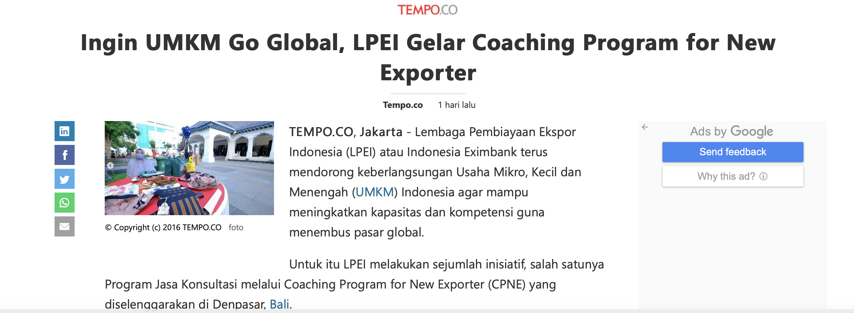 Ingin UMKM Go Global, LPEI Gelar Coaching Program for New Exporter