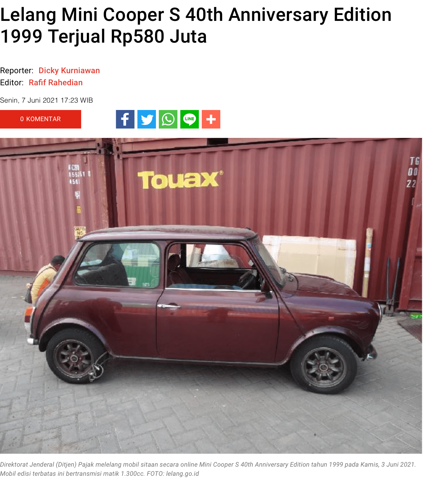 Lelang Mini Cooper S 40th Anniversary Edition 1999 Terjual Rp580 Juta