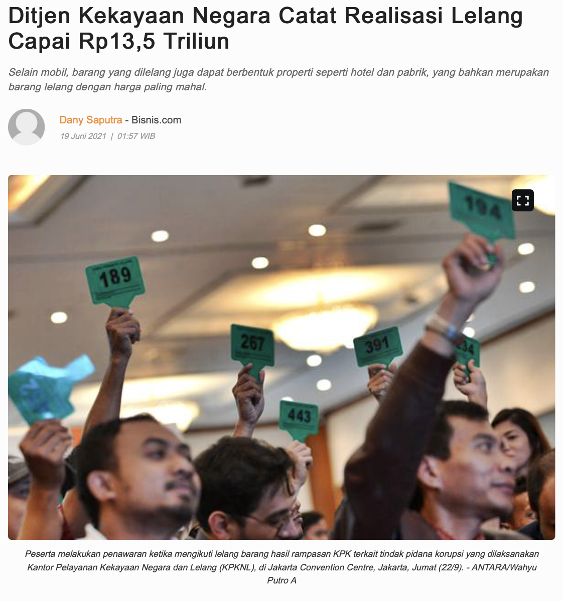 Ditjen Kekayaan Negara Catat Realisasi Lelang Capai Rp13,5 Triliun