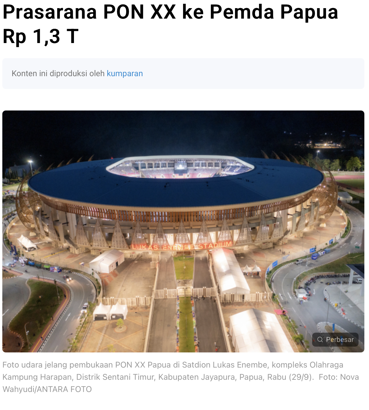 Pemerintah Hibahkan Sarana Prasarana PON XX ke Pemda Papua Rp 1,3 T