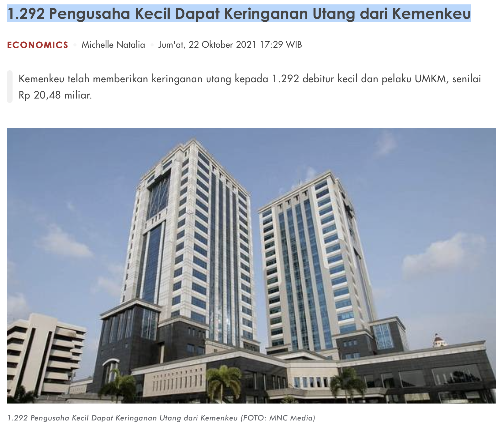 1.292 Pengusaha Kecil Dapat Keringanan Utang dari Kemenkeu