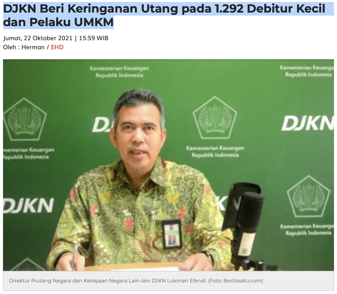 DJKN Beri Keringanan Utang pada 1.292 Debitur Kecil dan Pelaku UMKM