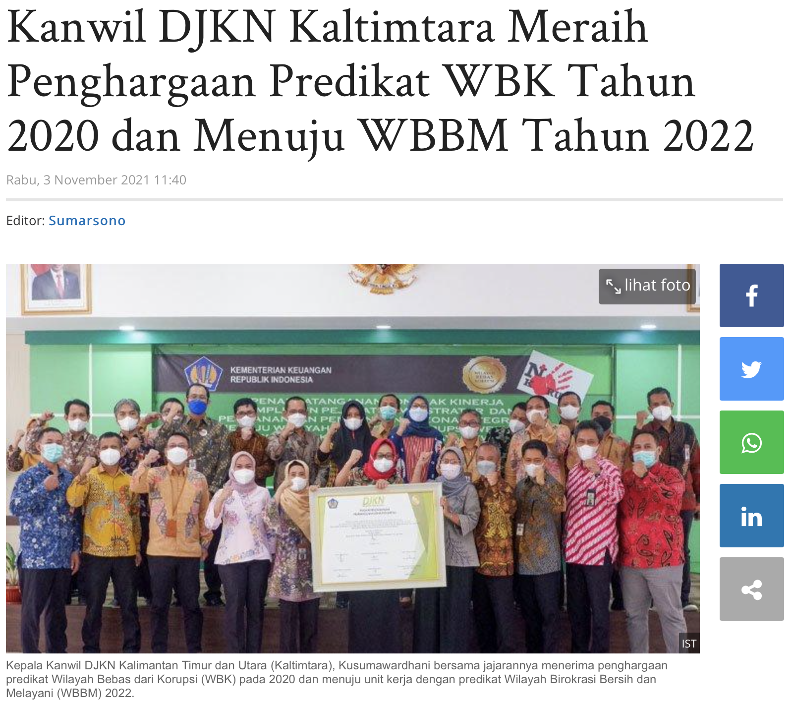 Kanwil DJKN Kaltimtara Meraih Penghargaan Predikat WBK Tahun 2020 dan Menuju WBBM Tahun 2022