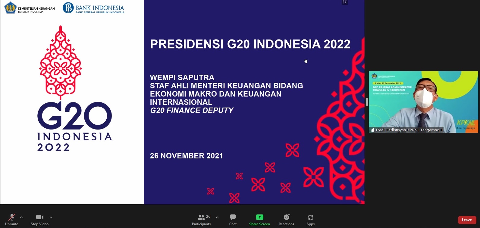 Peranan Kemenkeu dalam Presidensi G20 pada FGD Pejabat Administrator Triwulan IV-2021