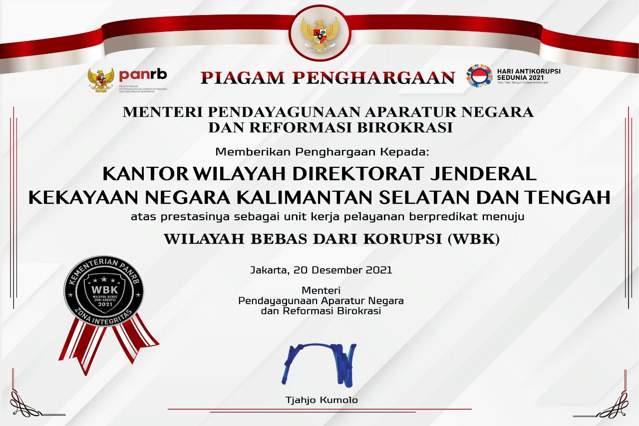 Berhasil Raih Predikat WBK Tahun 2021, Kanwil DJKN Kalselteng Dapatkan Penghargaan dari Menteri PANRB 