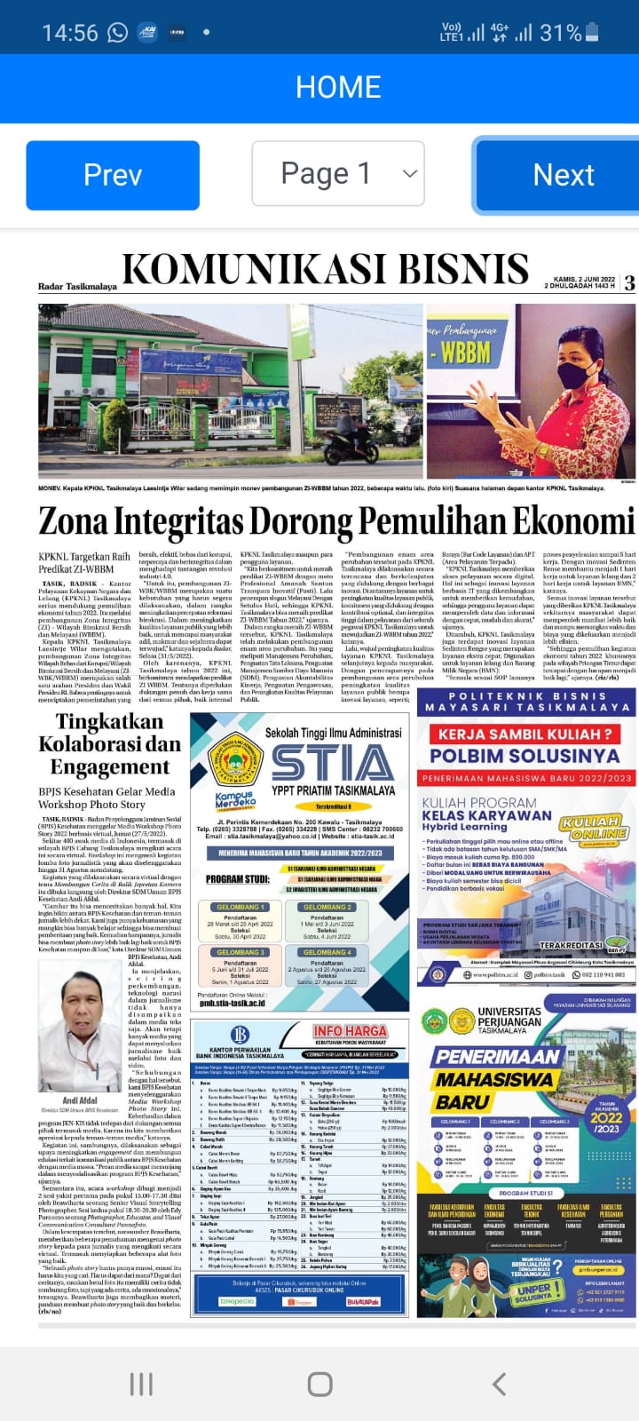 Liputan Koran Radar Tasik Atas Pembangunan ZI WBBM KPKNL Tasikmalaya 