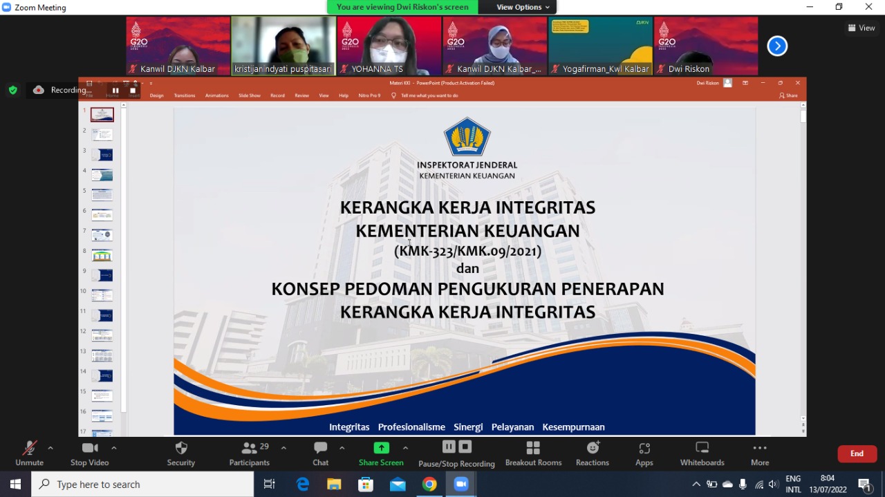 Setiap Pegawai Kemenkeu Merupakan Lini Pertama Kerangka Kerja Integritas Untuk Wujudkan Birokrasi yang Bersih