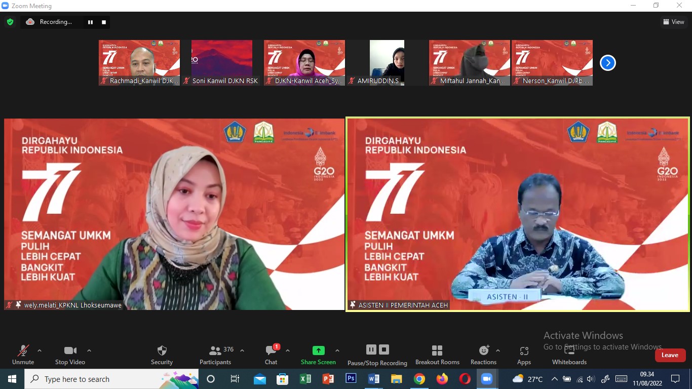 Kanwil DJKN Aceh bersama Pemerintah Aceh dan LPEI Selenggarakan CPNE Secara Daring dalam Forum Sanger Kemenkeu Satu
