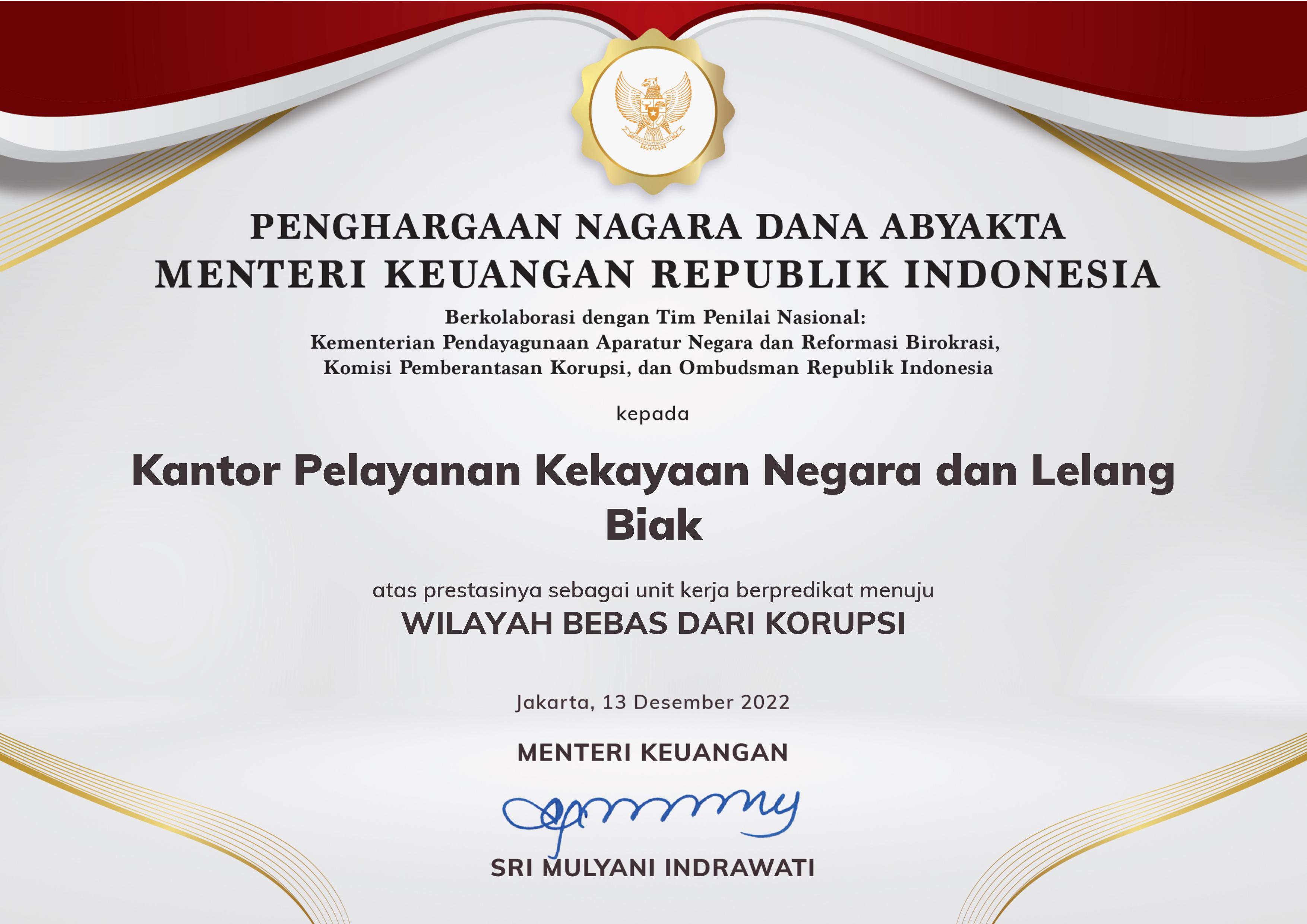KPKNL Biak Raih Penghargaan Zona Integritas Wilayah Bebas dari Korupsi