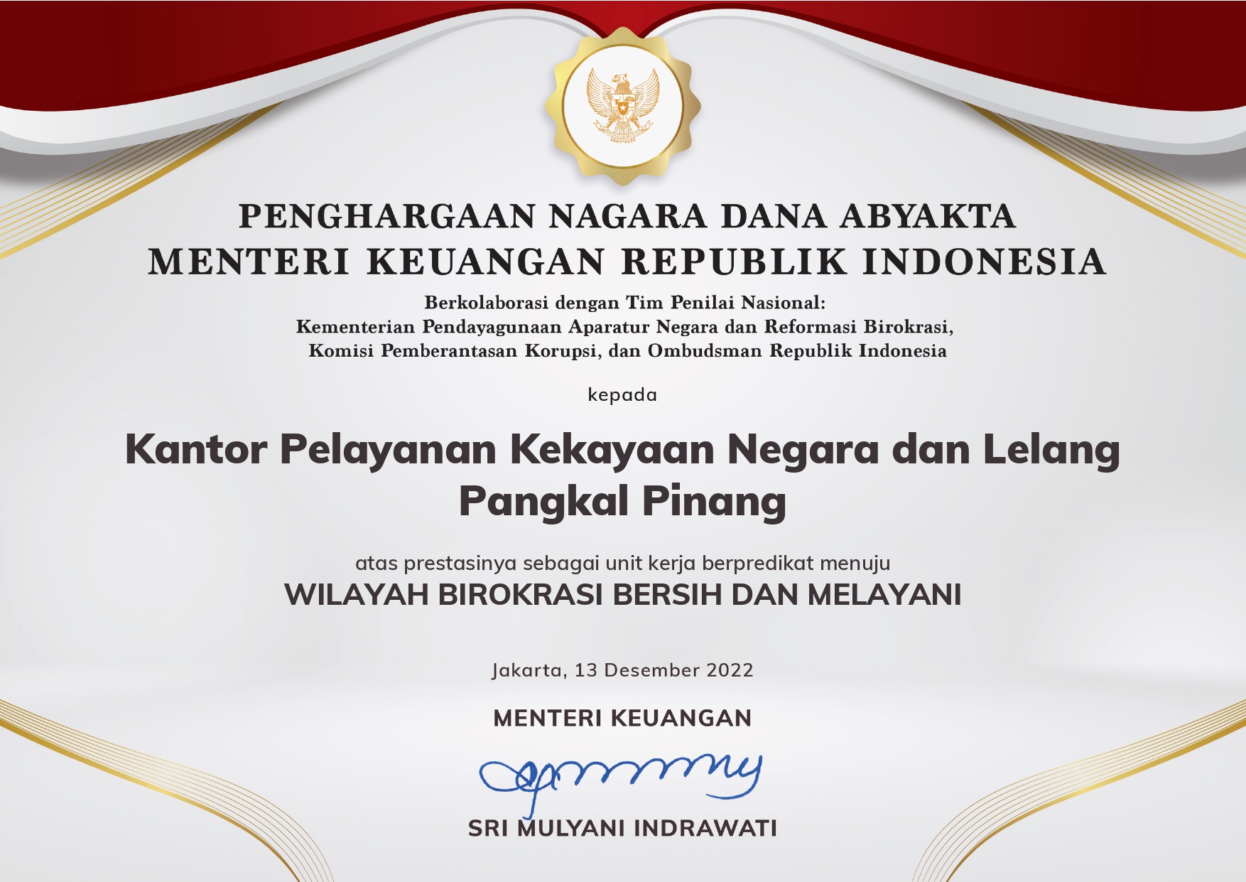 KPKNL Pangkalpinang Raih Predikat Zona Integritas Wilayah Birokrasi Bersih dan Melayani Tahun 2022