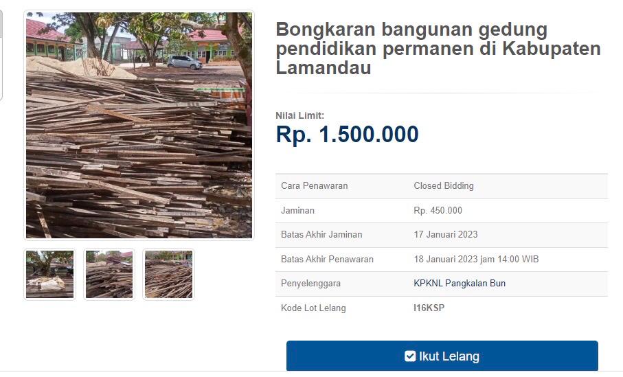 KPKNL Pangkalan Bun Akan Laksanakan Lelang Bongkaran Bangunan Gedung Pendidikan Permanen Milik Kemenag Kab. Lamandau