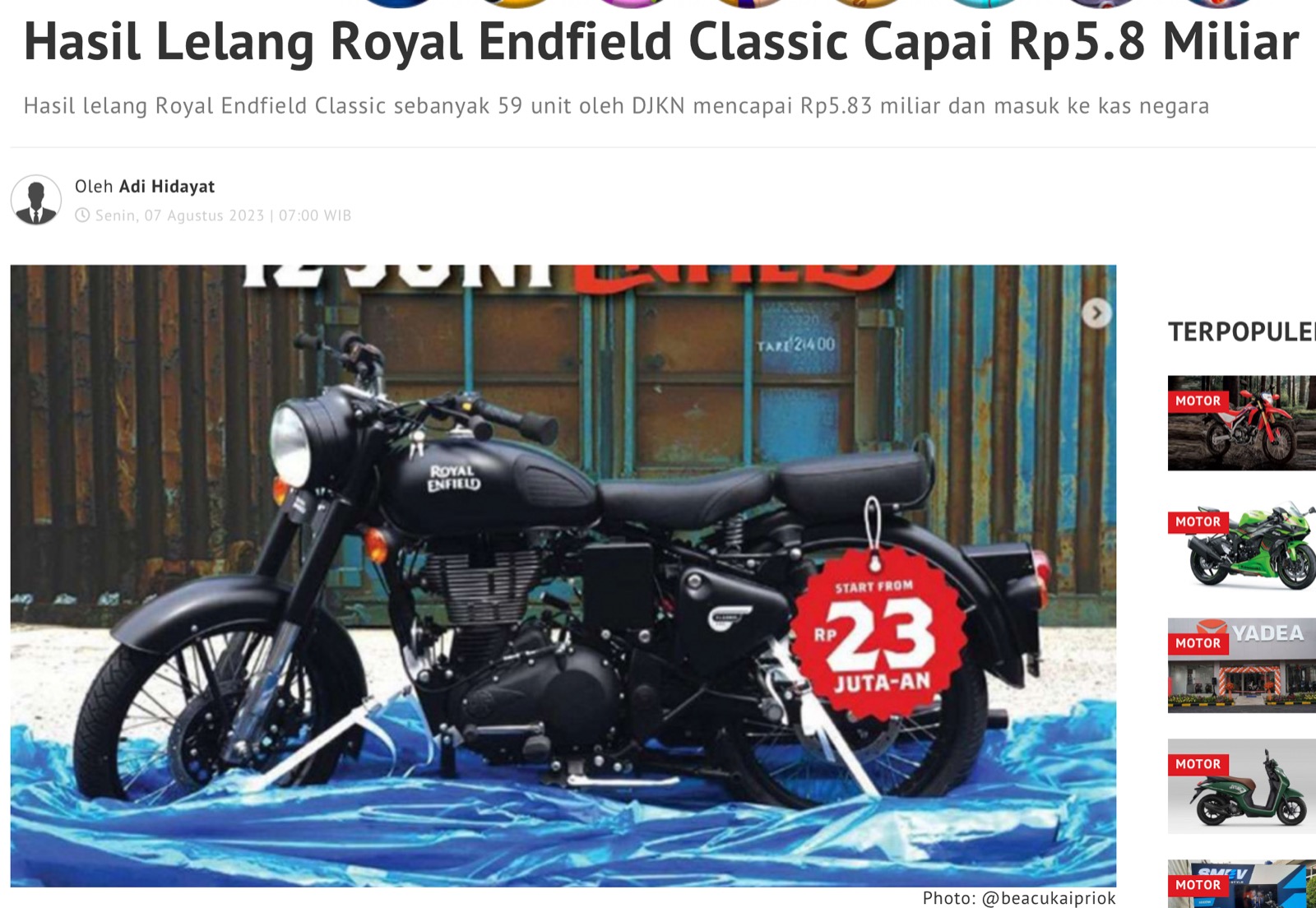 Hasil Lelang Royal Endfield Classic Capai Rp5.8 Miliar