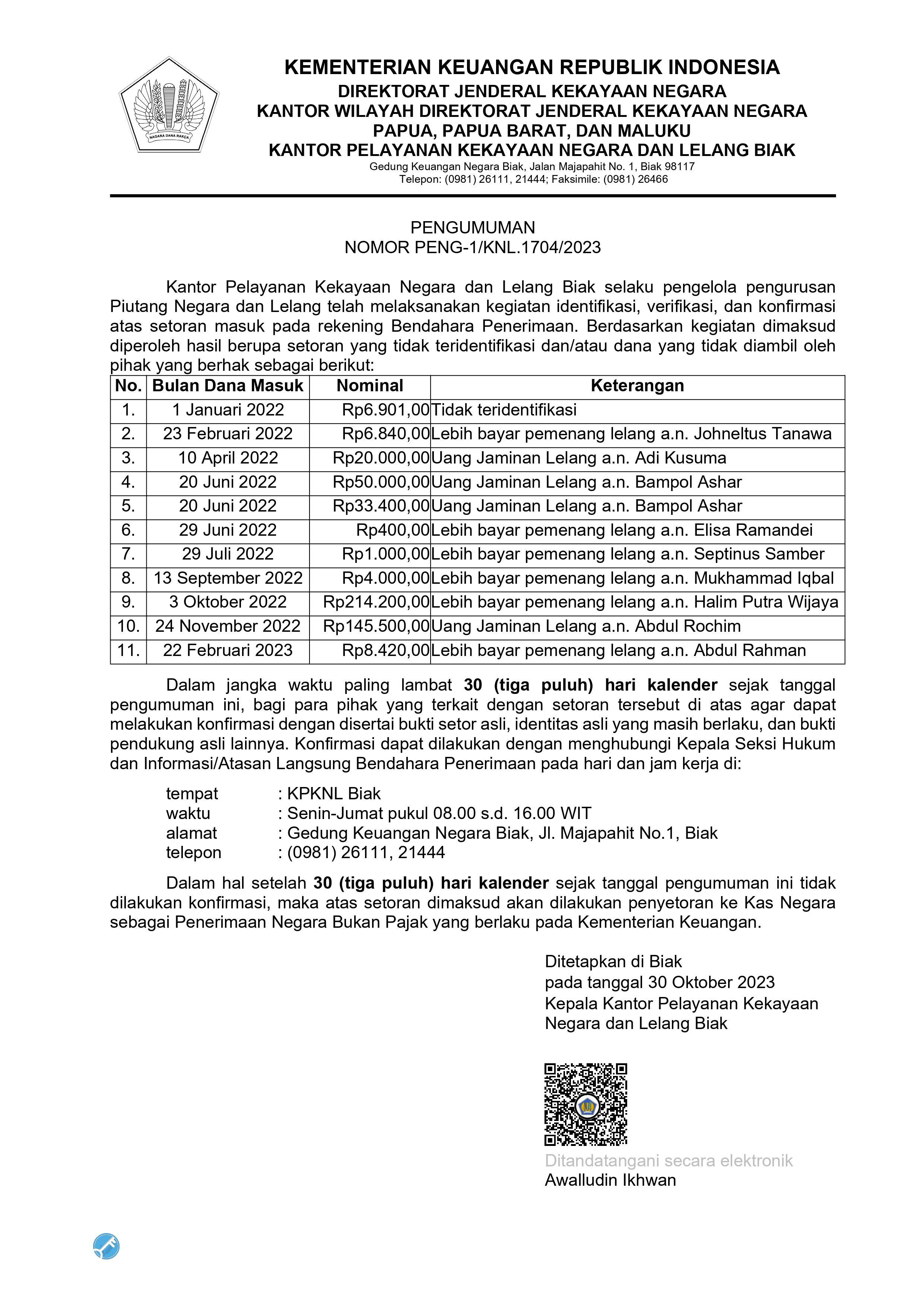 Pengumuman Saldo Mengendap