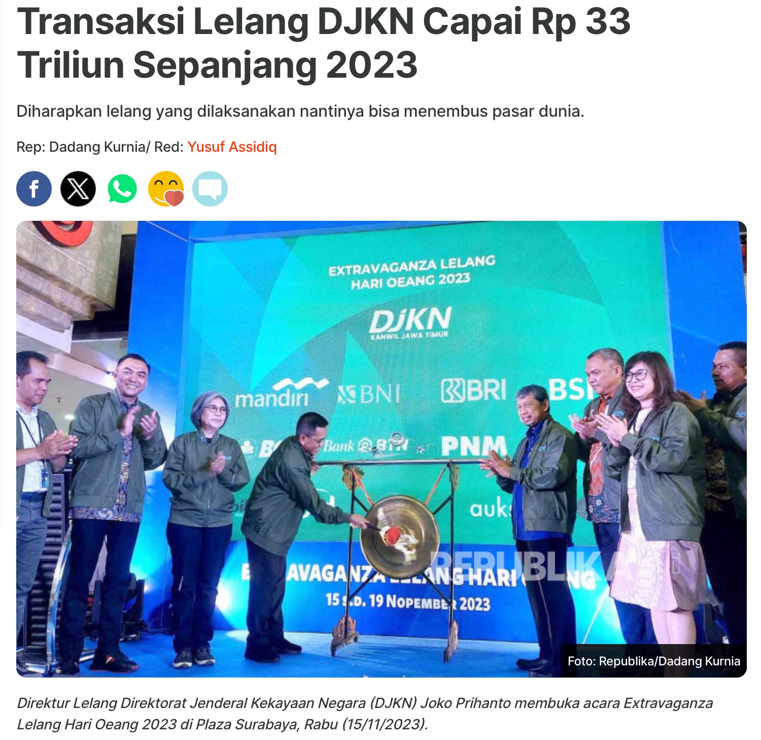 Transaksi Lelang DJKN Capai Rp 33 Triliun Sepanjang 2023