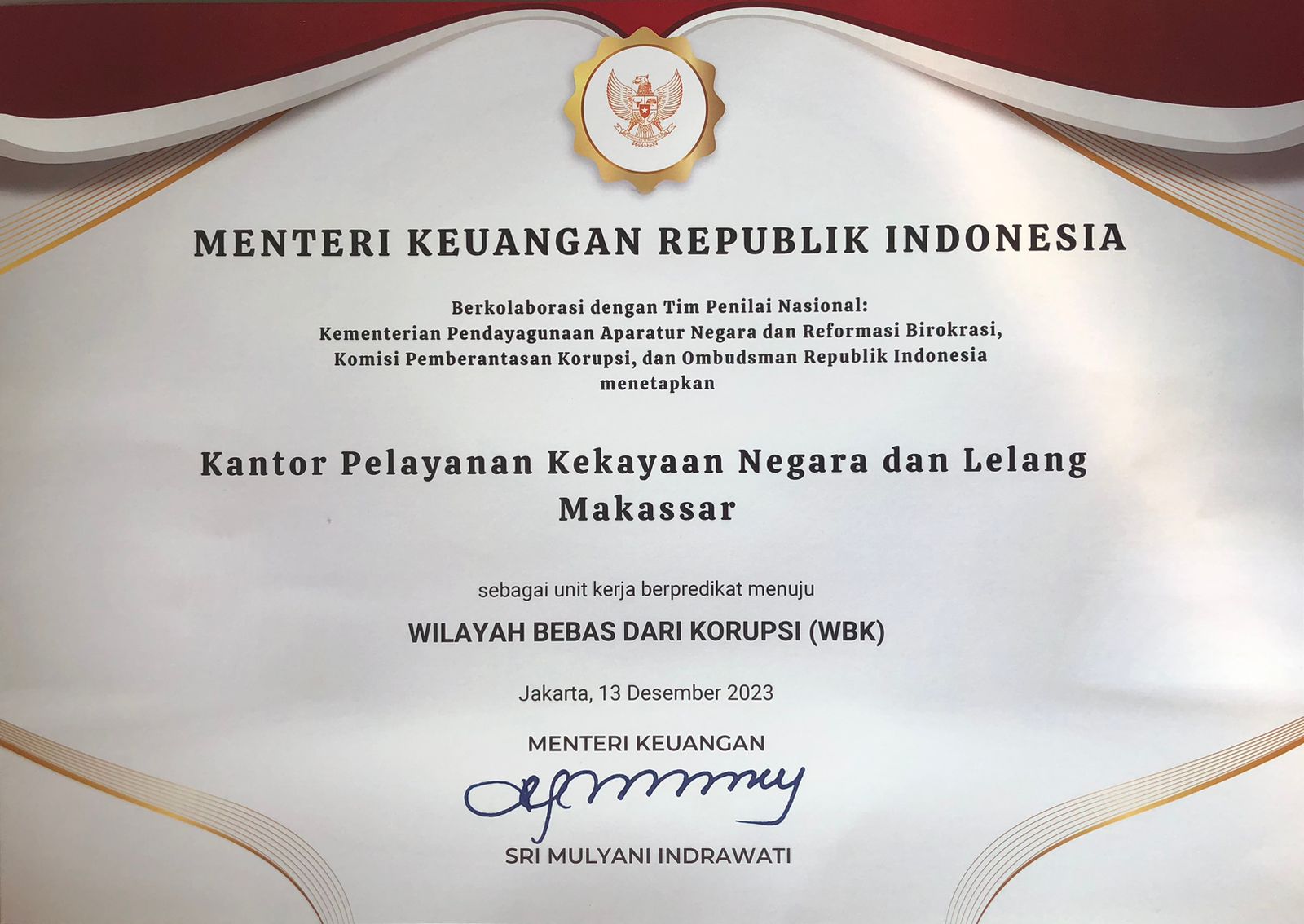 KPKNL Makassar Berhasil Memperoleh Predikat ZI WBK Tahun 2023
