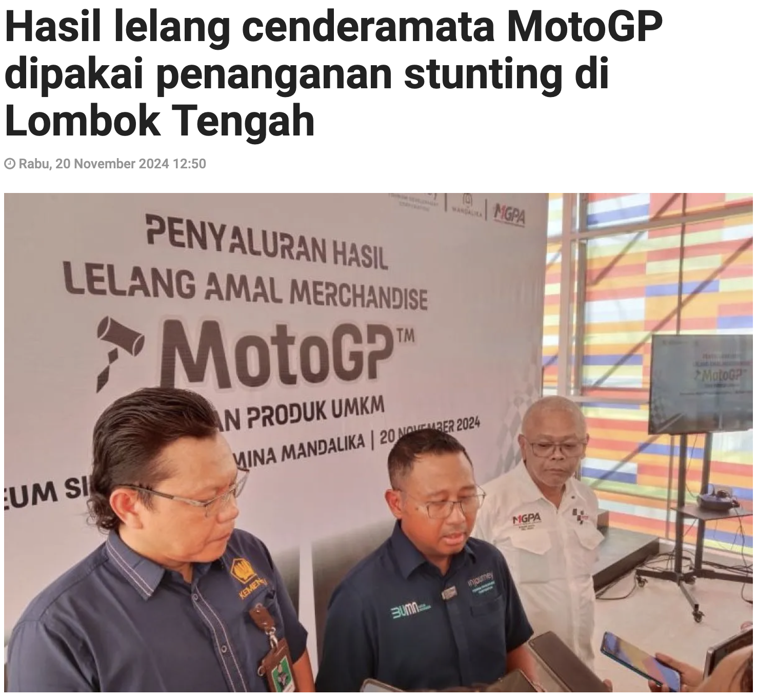 Hasil Lelang Cenderamata MotoGP Dipakai Penanganan Stunting di Lombok Tengah