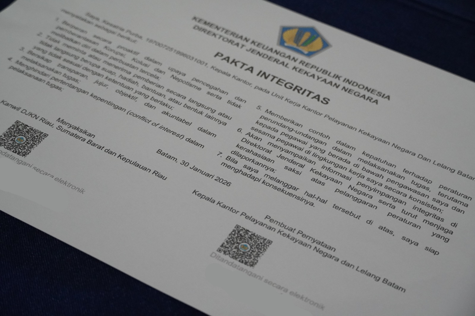 Penandatanganan Perjanjian Kerja dan Pakta Integritas KPKNL Batam