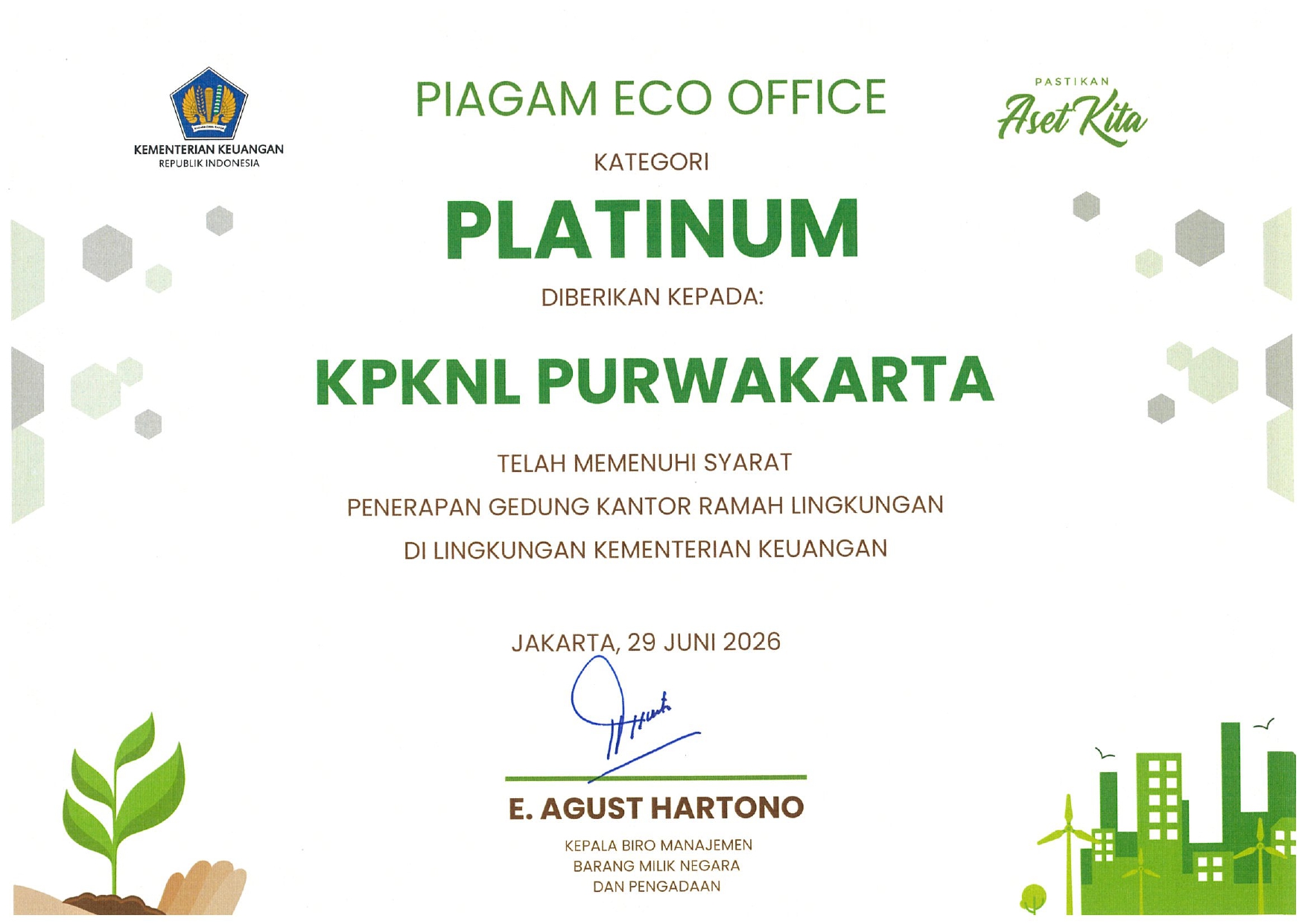 KPKNL Purwakarta Raih Predikat Platinum dalam Penilaian Penerapan Kantor Ramah Lingkungan Kementerian Keuangan